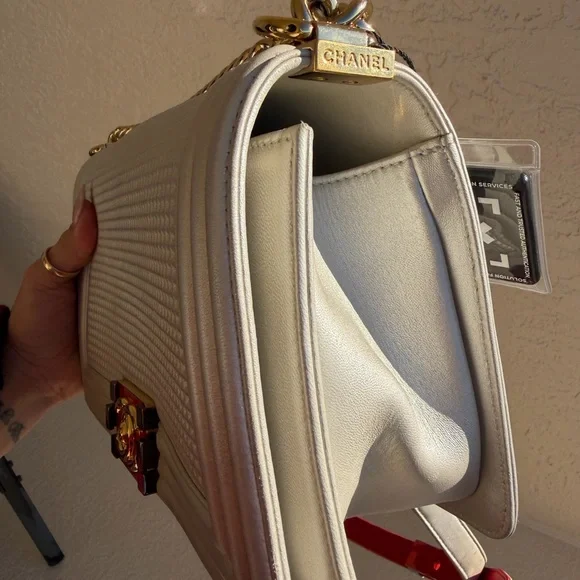 Chanel White Cube Medium Boy Bag Shoulder Bag with Gold Chain - Picture 6 of 12